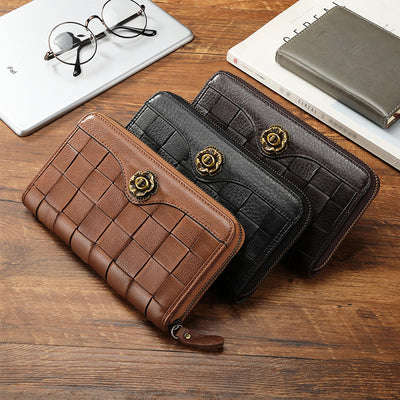 Leather Woven Wallet For Women Men Long Multifunction Clutch Bag