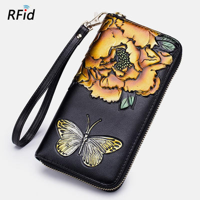 RFID Genuine Leather Vintage Floral Embossing Wallet