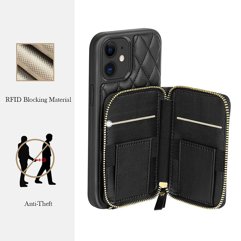 iPhone Phone Case Quilted Leather Wallet Case Card Holder with Crossbody Strap