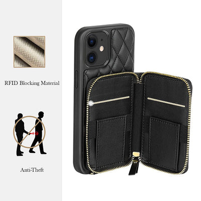 iPhone Phone Case Quilted Leather Wallet Case Card Holder with Crossbody Strap