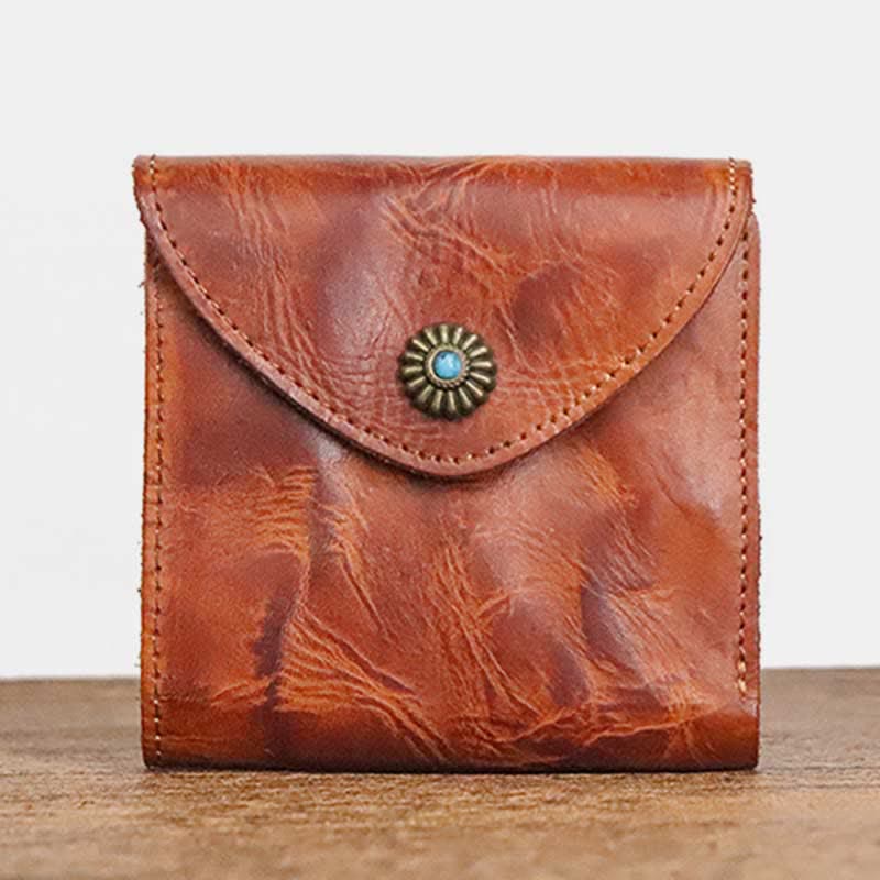 Retro Bifold Wallet Pouch for Women Men Cowhide Leather Small Coin Purse