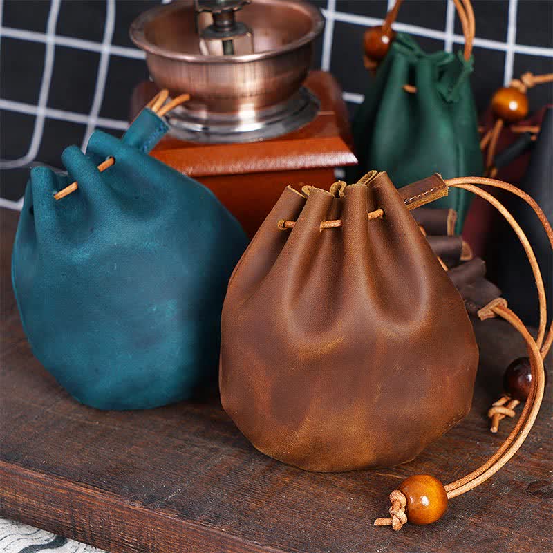 Leather Drawstring Pouch Retro Coin Purse Wallet for Women Men