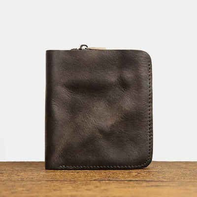 Leather Wallet For Men Double Folding Vintage Short Zipper Purse