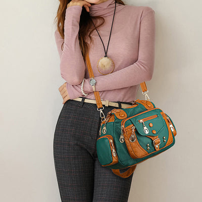 Large Shoulder Bag Women Double Compartment Leather Stitching Crossbody Purse