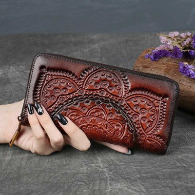 Women Genuine Leather Zip Around Embossing Wallet Large Cowhide Leather Wallet