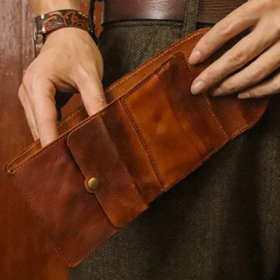 Retro Bifold Wallet Pouch for Women Men Cowhide Leather Small Coin Purse