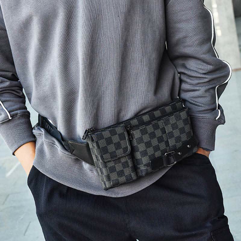 Waist Bag for Men Leather Plaid Travel Sling Bag Chest Bag