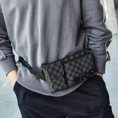 Waist Bag for Men Leather Plaid Travel Sling Bag Chest Bag