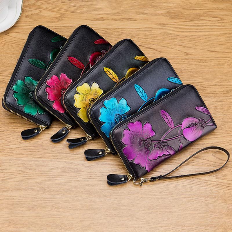 RFID Genuine Leather Vintage Floral Embossing Wallet