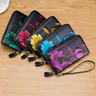 RFID Genuine Leather Vintage Floral Embossing Wallet