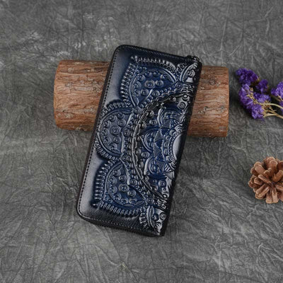 Women Genuine Leather Zip Around Embossing Wallet Large Cowhide Leather Wallet