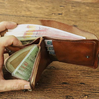 Leather Wallet For Men Double Folding Vintage Short Zipper Purse
