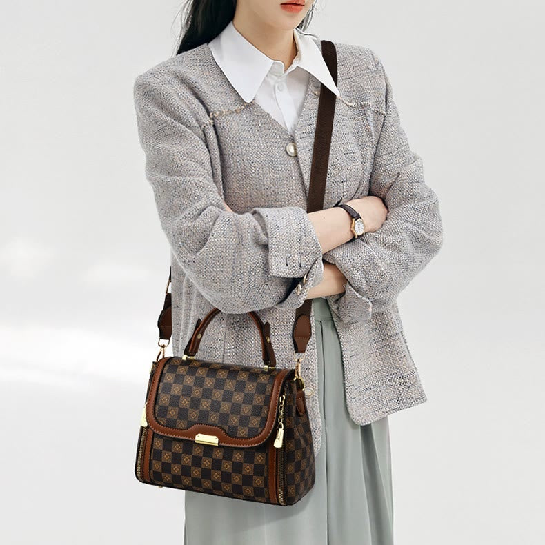 British Elegant Handbag Women Checkerboard Pattern Crossbody Leather Purse
