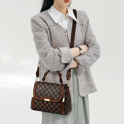 British Elegant Handbag Women Checkerboard Pattern Crossbody Leather Purse