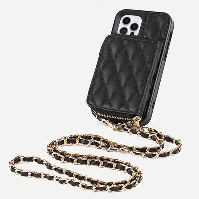 iPhone Phone Case Quilted Leather Wallet Case Card Holder with Crossbody Strap