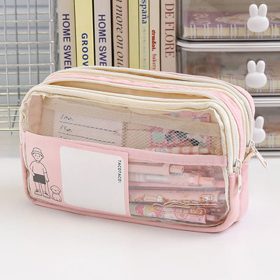 Pencil Case For Students Three Layer Transparent Simple Storage Case