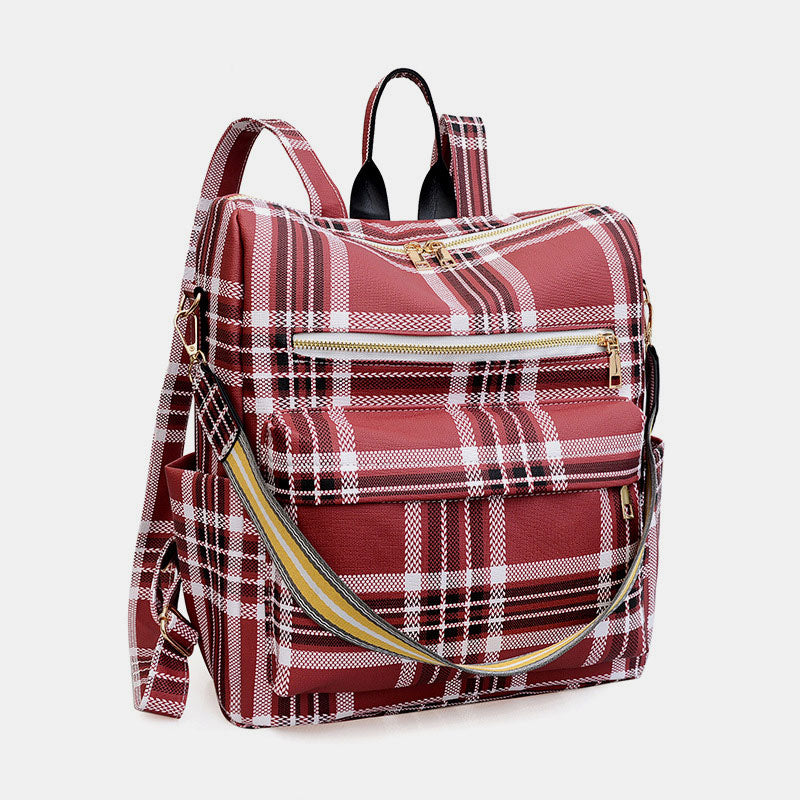 Multifunciton Casual Women Rucksack Daypack Leather Plaid Backpack With Shoulder Strap
