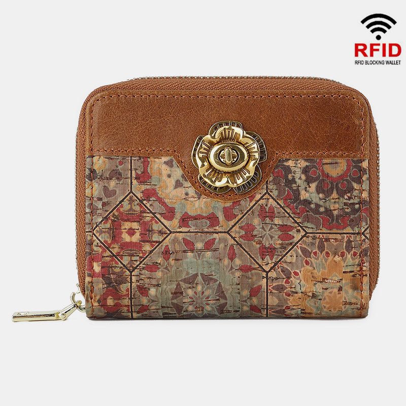 RFID Multi-Slot Genuine Leather Vintage Printing Short Wallet Card Holder