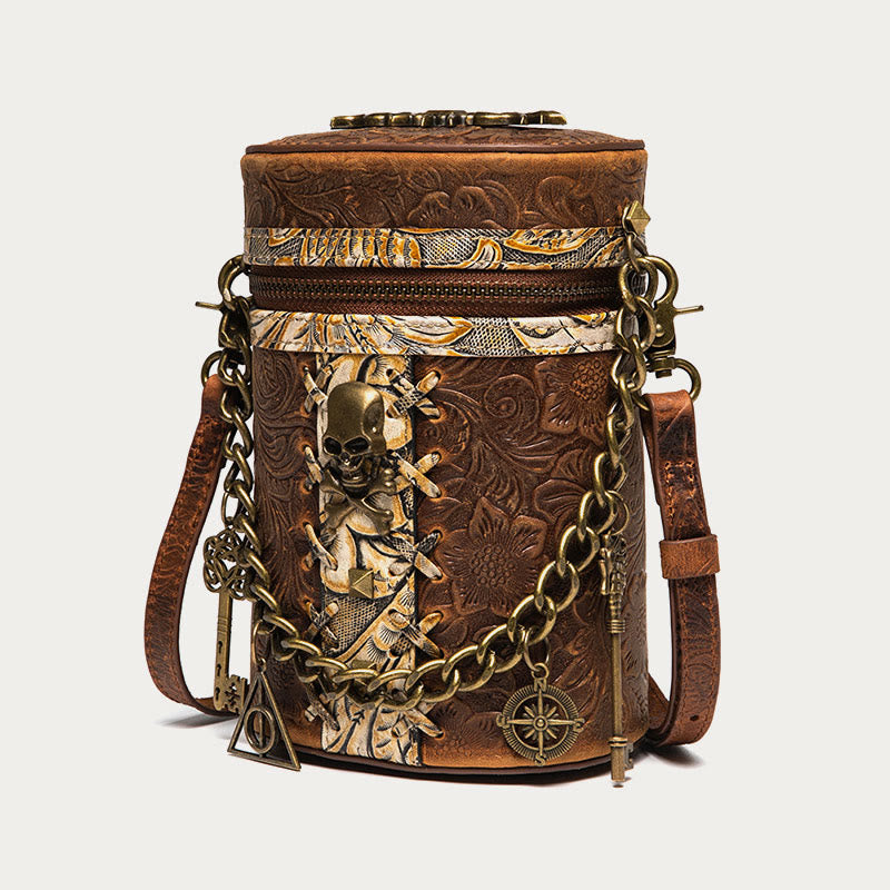 Vintage Crossbody Bag Fancy Skull Design Leather Bucket Bag