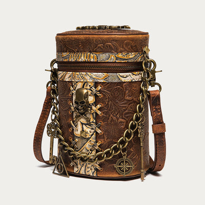 Vintage Crossbody Bag Fancy Skull Design Leather Bucket Bag