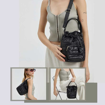 Puffer Drawstring Bucket Bag for Women Down Satchel Quilted Shoulder Bag