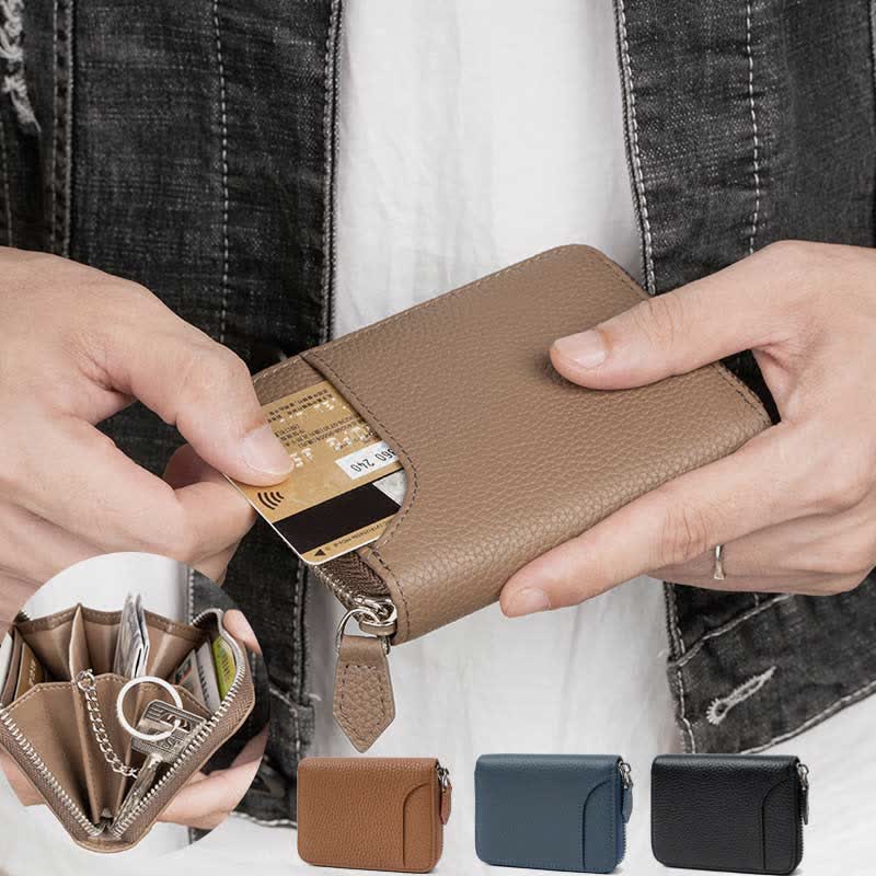 RFID Blocking Small Compact Zip Around Wallet Genuine Leather Coin Purse