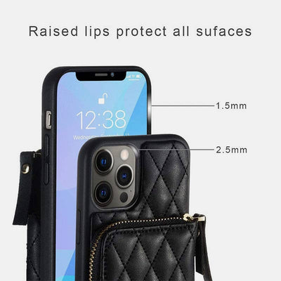 iPhone Phone Case Quilted Leather Wallet Case Card Holder with Crossbody Strap