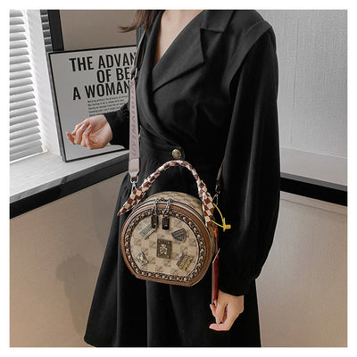 Top-handle Bag For Women Vintage Wide Strap Small Round Bag
