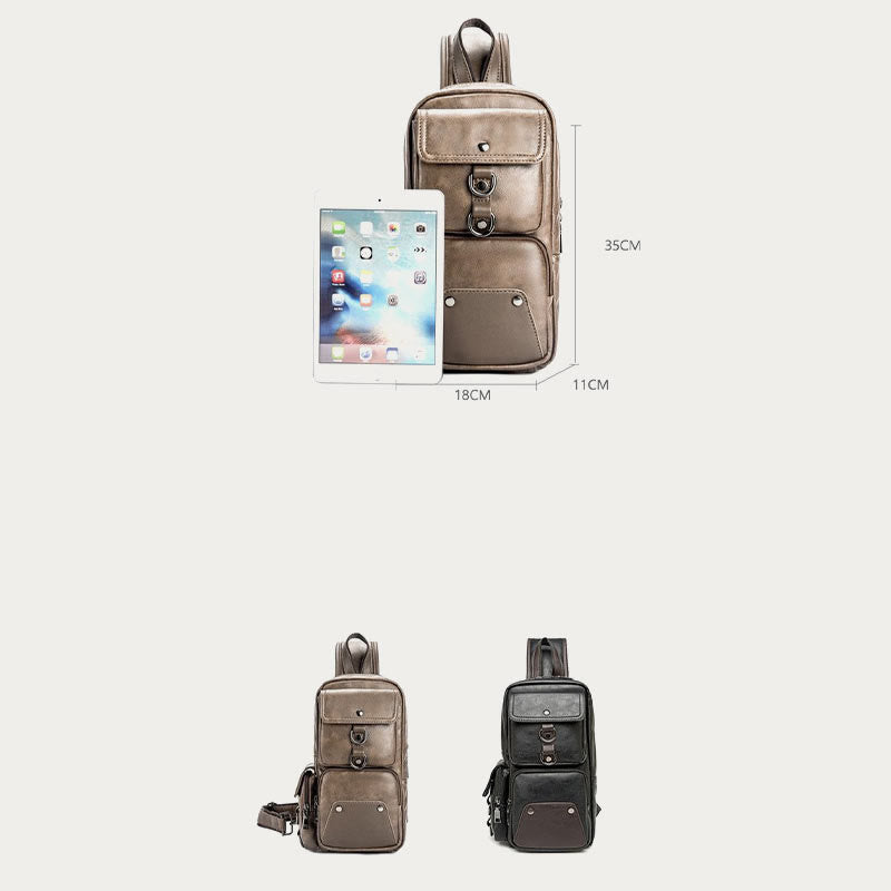 Retro Anti-theft Multi-Pocket Leather Sling Bag Roomy Daypack