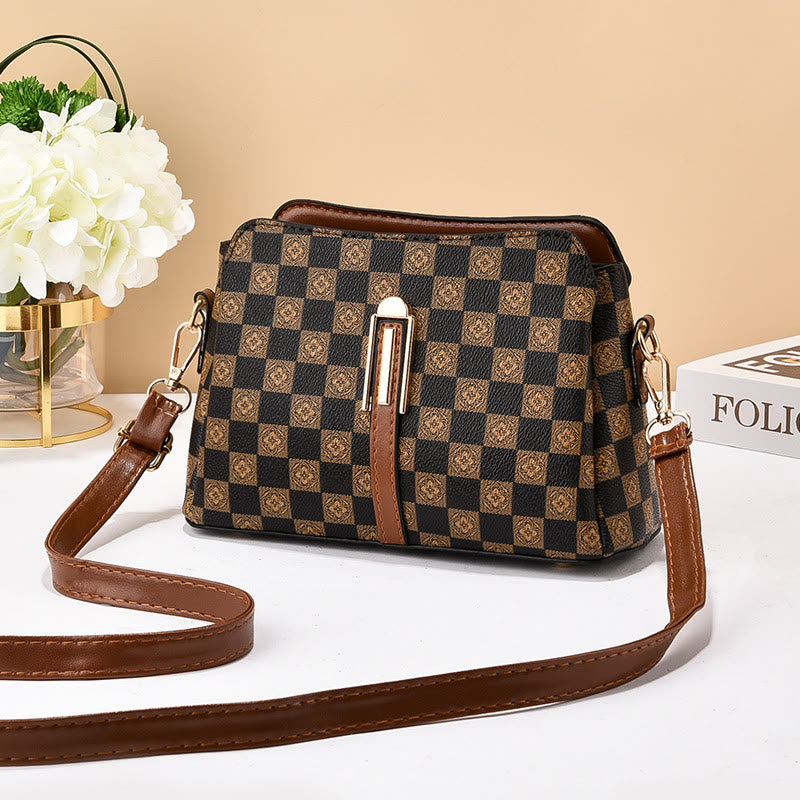 Triple Compartment Plaid Satchel Women Leather Chic Crossbody Bag