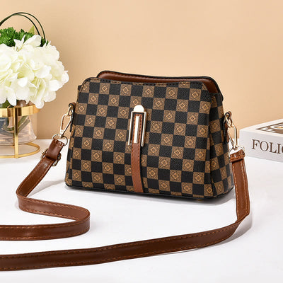 Triple Compartment Plaid Satchel Women Leather Chic Crossbody Bag
