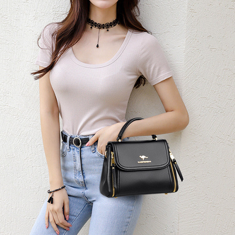 Double Compartment Top Handle Satchel Leather Crossbody Bag Purse Handbag