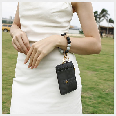 Silicone Bead Wrist Bag Womens Leather Tassel Card Holder
