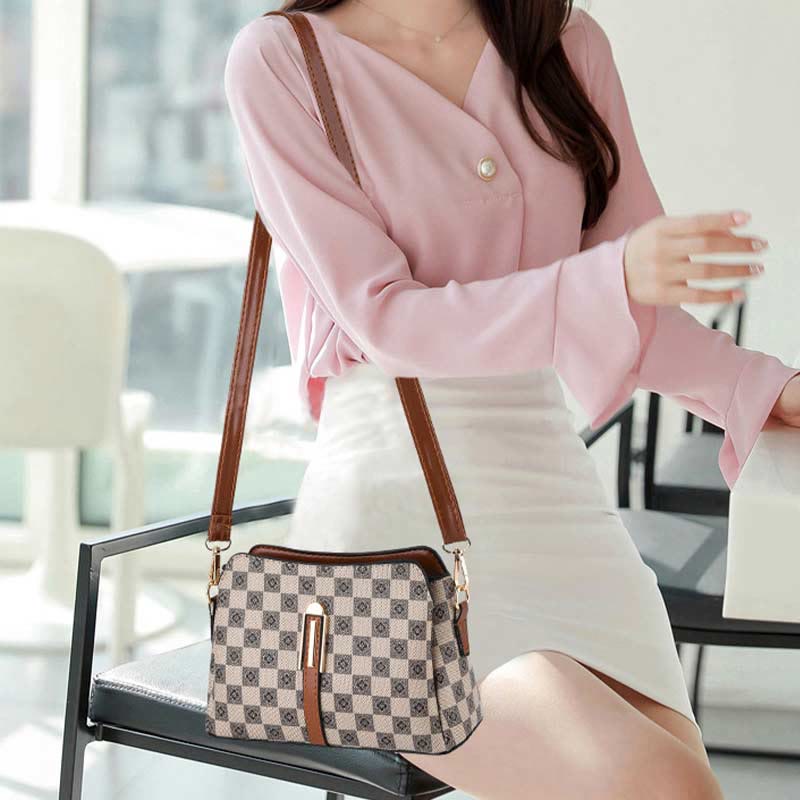 Triple Compartment Plaid Satchel Women Leather Chic Crossbody Bag