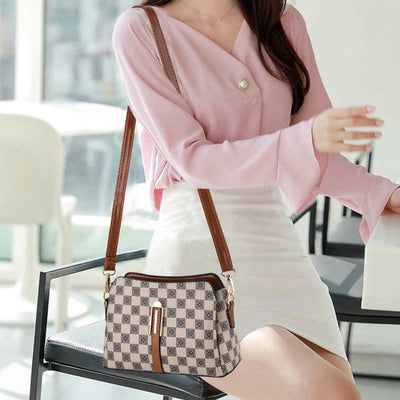 Triple Compartment Plaid Satchel Women Leather Chic Crossbody Bag