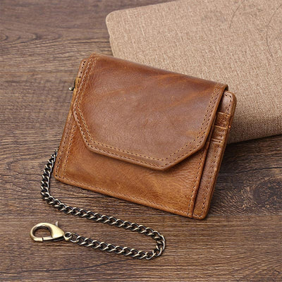 Men's Trifold Wallet Slim Genuine Leather Wallet Card Holder with Chain
