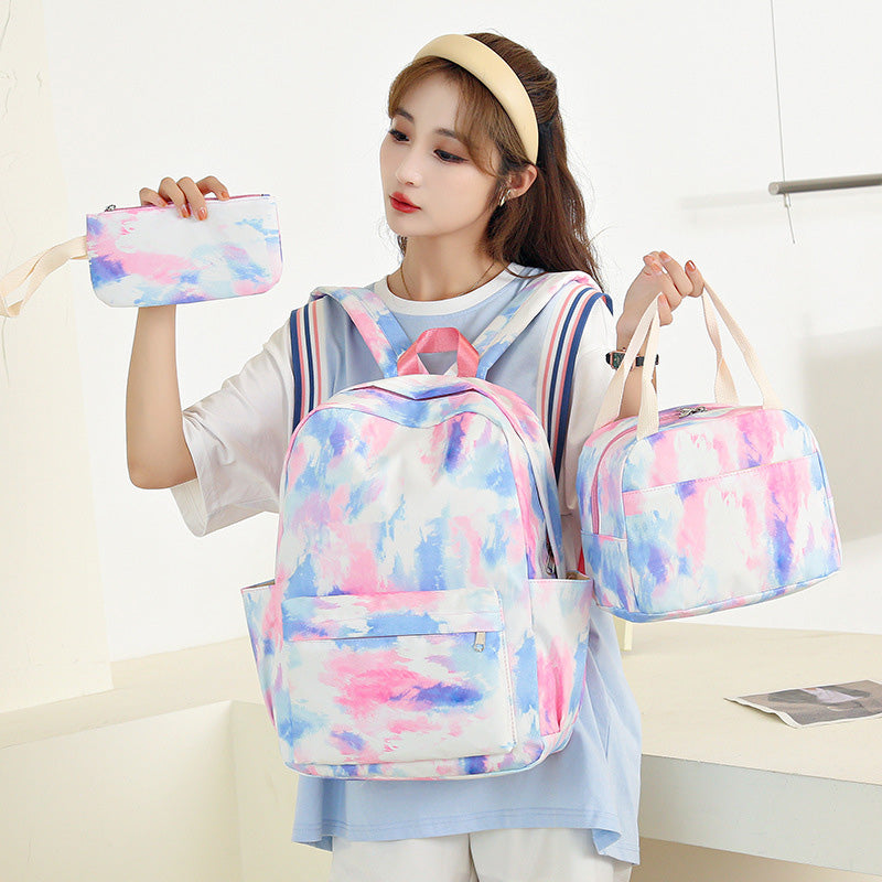 3Pcs Tie-dye Girls Backpack School Bookbag Set Students Women Canvas Daypack