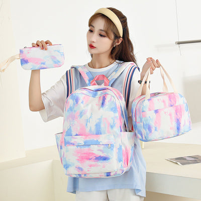 3Pcs Tie-dye Girls Backpack School Bookbag Set Students Women Canvas Daypack