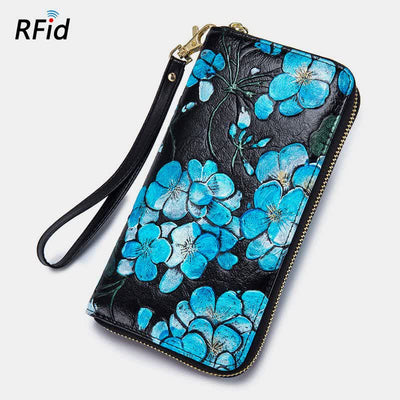 RFID Genuine Leather Vintage Floral Embossing Wallet