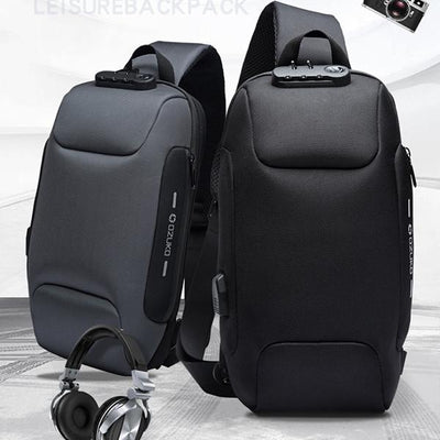 Multi-Pocket Fashion Sling Bag Chest Bag with Passport Lock USB Charging Port