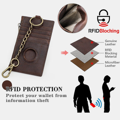 RFID Blocking Genuine Leather Airtag Card Holder Wallet With Chain