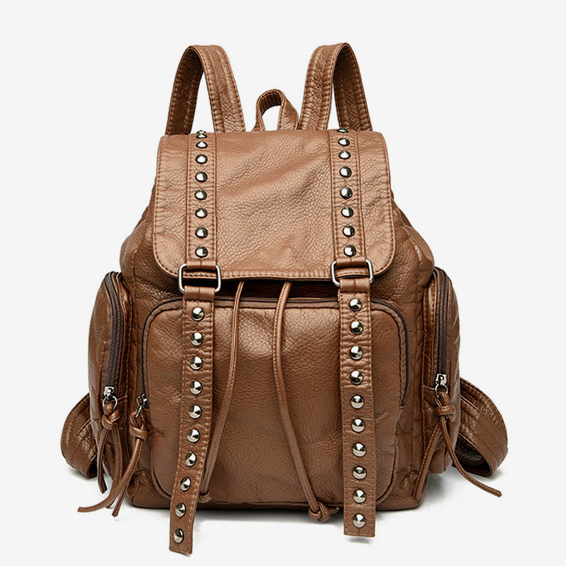 Rivet Backpack For Women Travel Soft Plain Color Leather Daypack