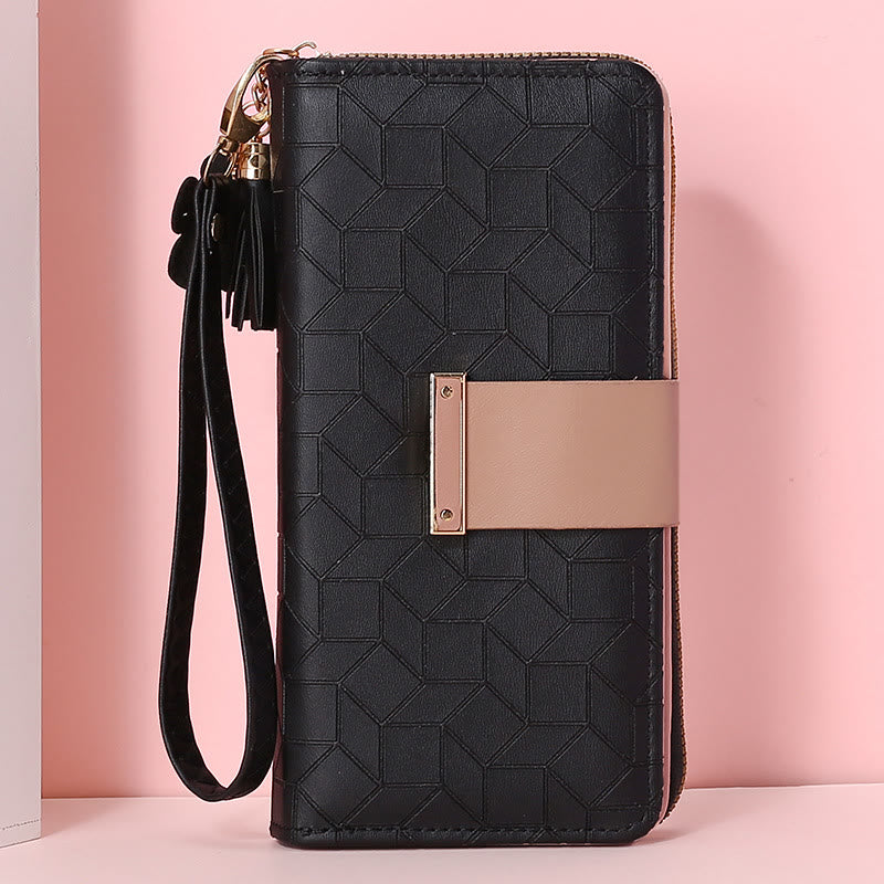 Square Plaid Money Clip Large Capacity Zipper Phone Wallet For Women