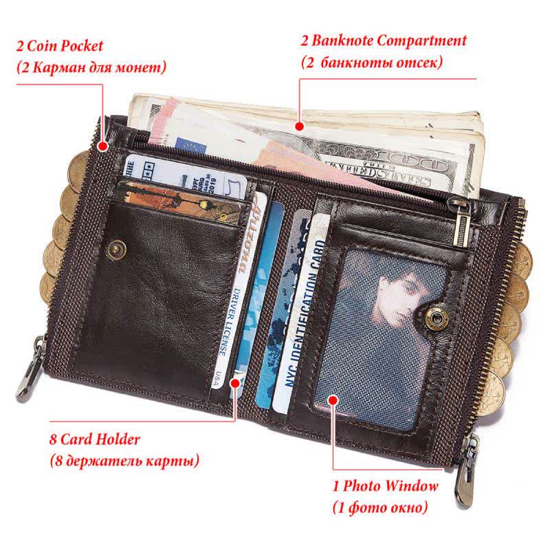 Mens Wallet with Chain Leather Bifold Wallet with Double Zipper Pocket