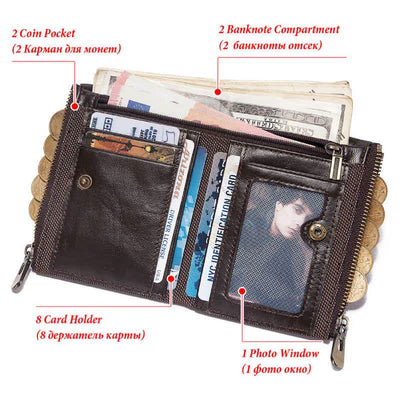Mens Wallet with Chain Leather Bifold Wallet with Double Zipper Pocket