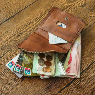 Leather Wallet For Men Double Folding Vintage Short Zipper Purse