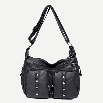 Mulit-Pocket Crossbody Purse for Women Retro Rivets Leather Shoulder Handbag