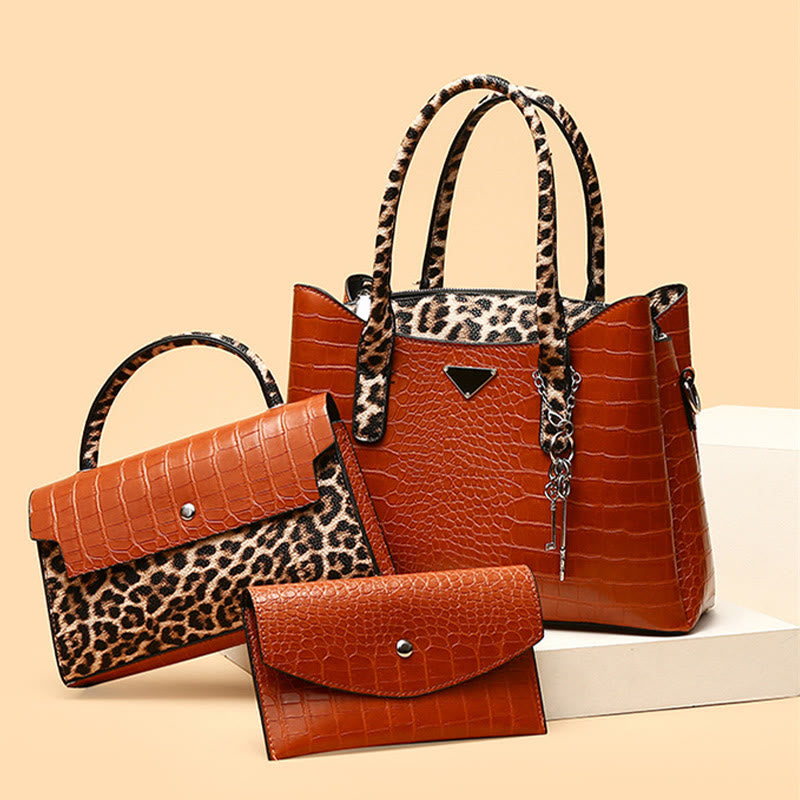 Crocodile Leopard Grain Leather Tote For Women 3 Piece Bag Set