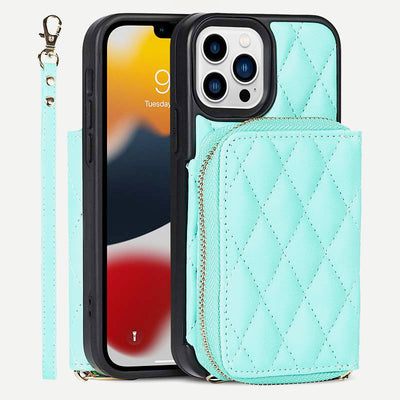 iPhone Phone Case Quilted Leather Wallet Case Card Holder with Crossbody Strap