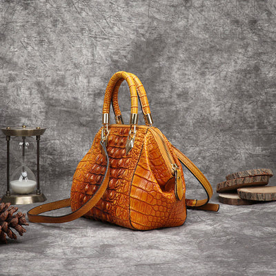 Genuine Leather Alligator Print Handbag Top-Handle Satchel with Crossbody Strap